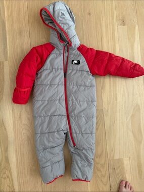Nike Gray and Red Hooded Puffer One-Piece Footie